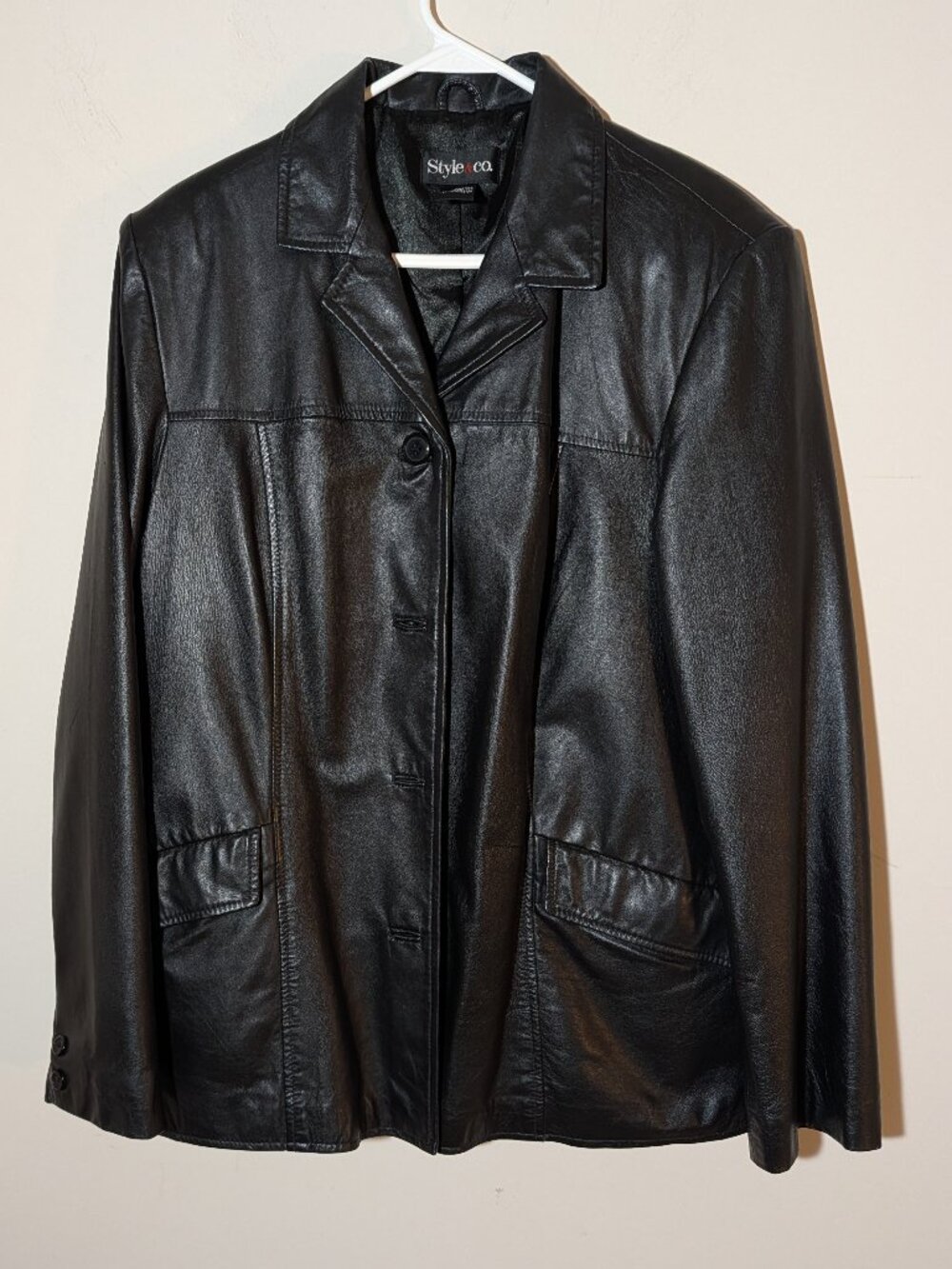 Style & Co. Genuine Leather Lapel Collar Blazer Jacket Sz XL Black